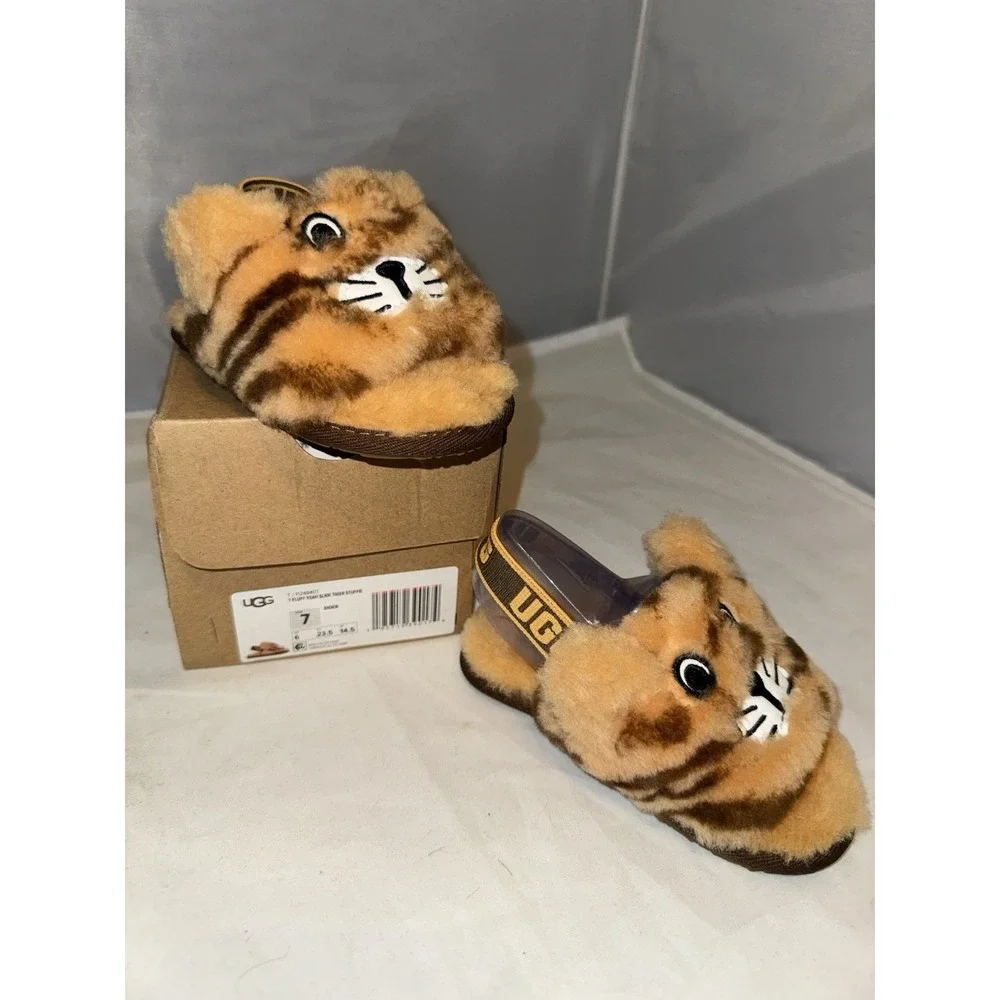 UGG‎ Fluff Yeah Slides Toddler Tiger Stuffie Orange/Black Slipper Slide Size 7